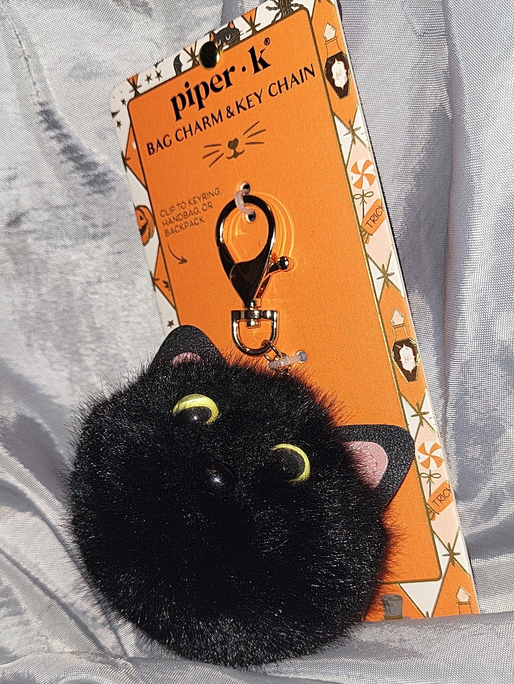 Piper K Black Cat Pom Pom Bag Charm with Yellow Eyes Pink Ears TL